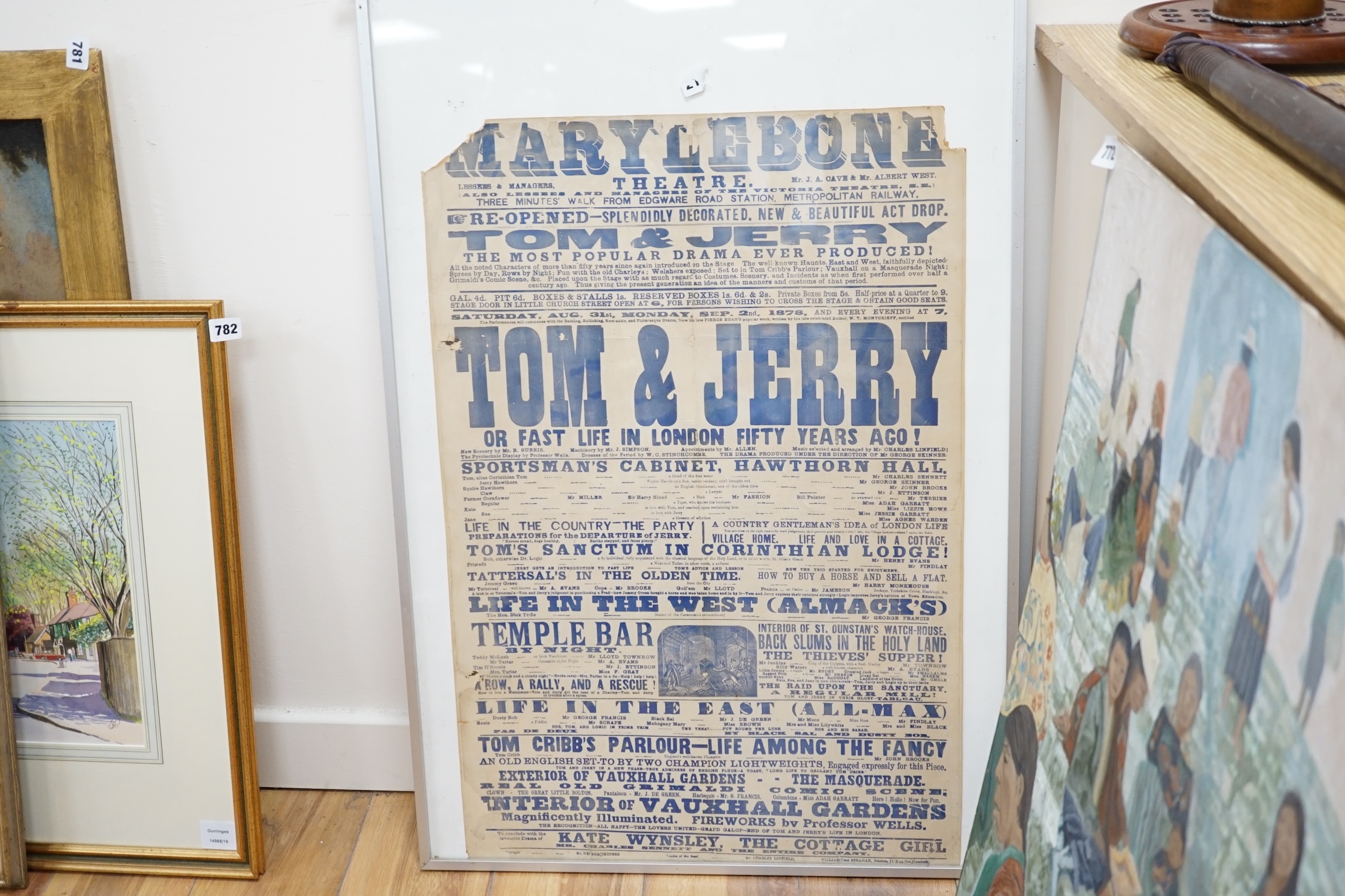 A Marylebone Theatre playbill for Tom and Jerry and other performances, circa September 1878, 76 x 51cm. Condition - poor